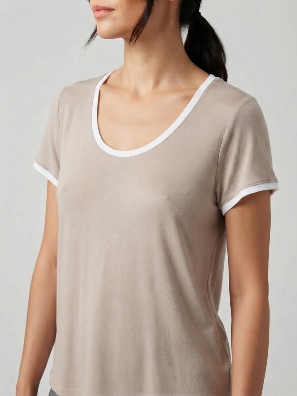 SUNDRY Scoop Neck Short Sleeve Top L 20” p2p Beige $68 Retail NWT